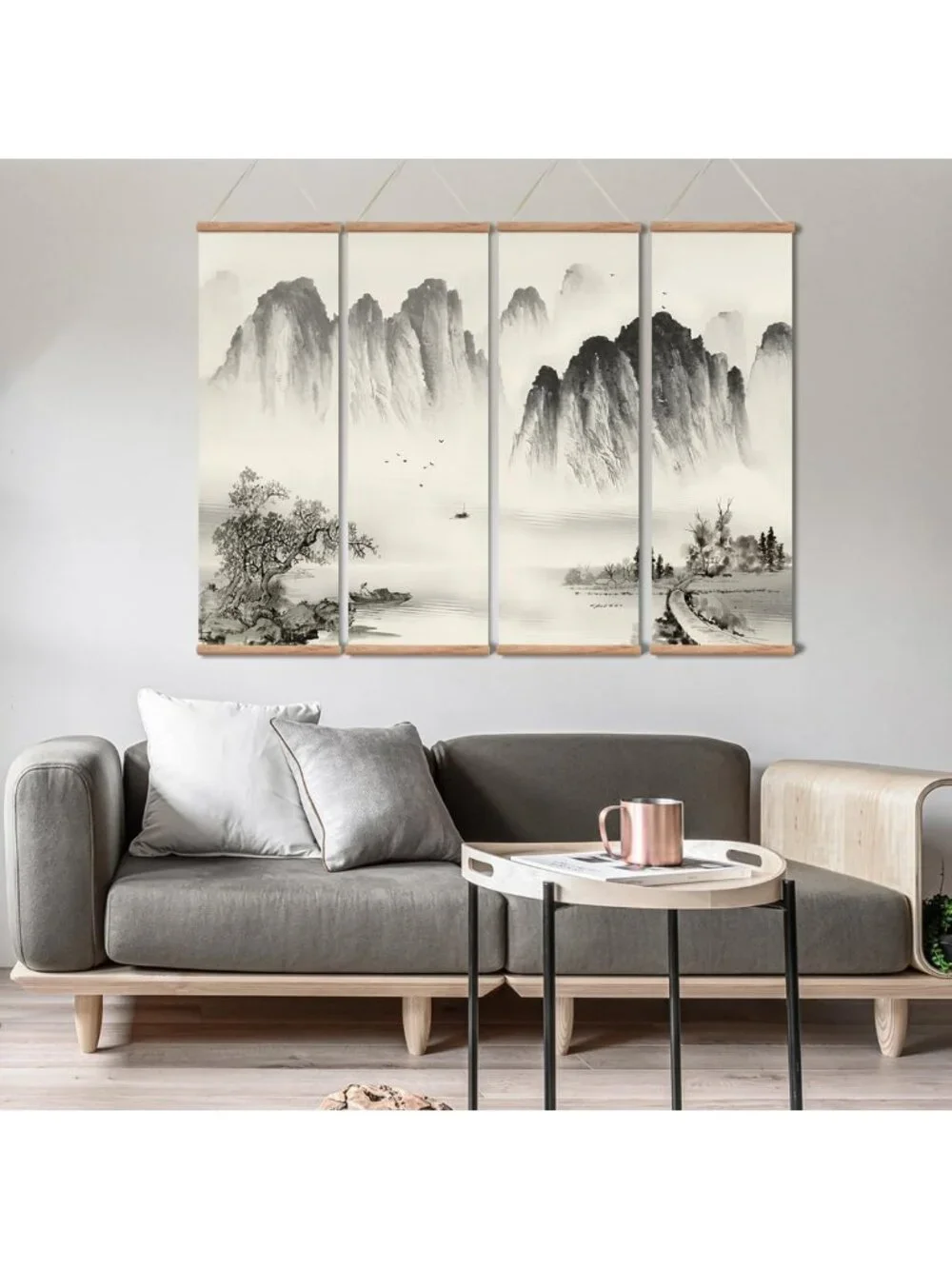 Chinese Ancient Landscape Scroll Wall Art Set - 4-Piece Wooden Decor for Home